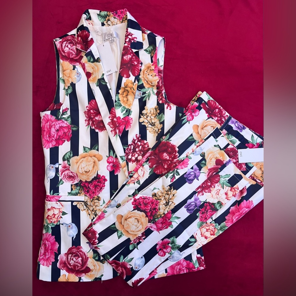Floral Stripe Women’s Vest & Pants Set - Multicolor